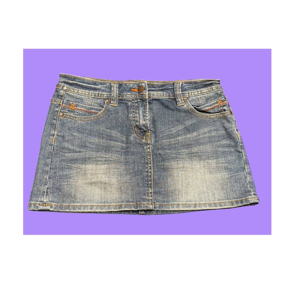 Pimkie Blue Denim Mini Skirt Contrast Stitching Pockets Size 10 Y2K Vintage